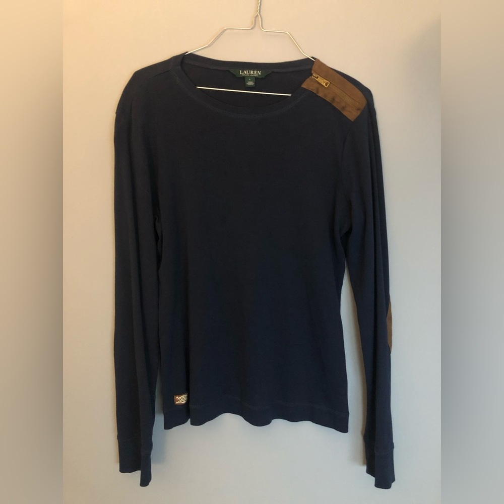 Lauren Ralph Lauren Large Long Sleeve Shirt Navy Blue Brown Faux Suede Accents